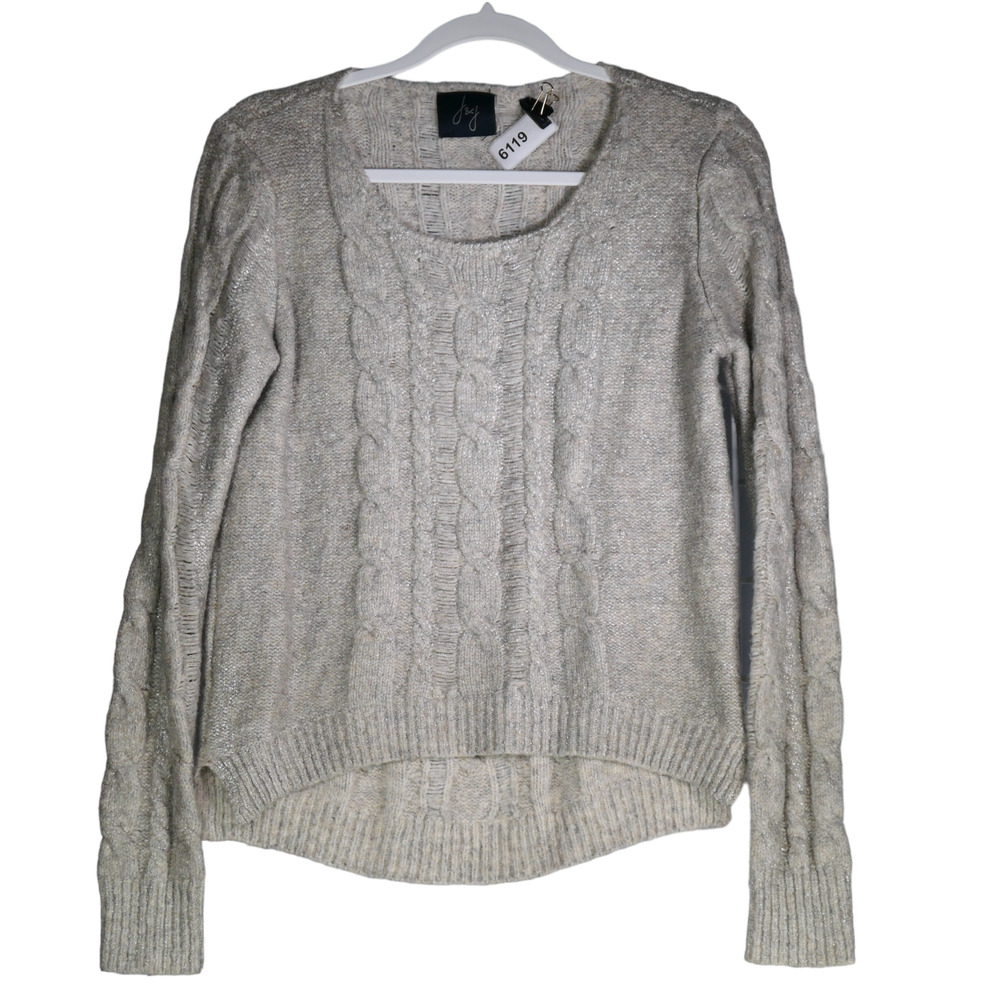 J and J Sweater Womens Medium Gray Metallic Cable Knit Distressed Wool Blend
